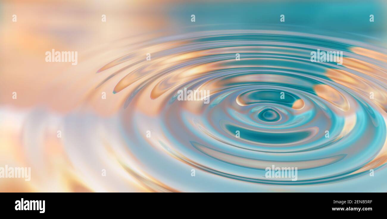 Illustration 3d de la projection de gouttes d'eau en gros plan sur la surface de l'eau Banque D'Images