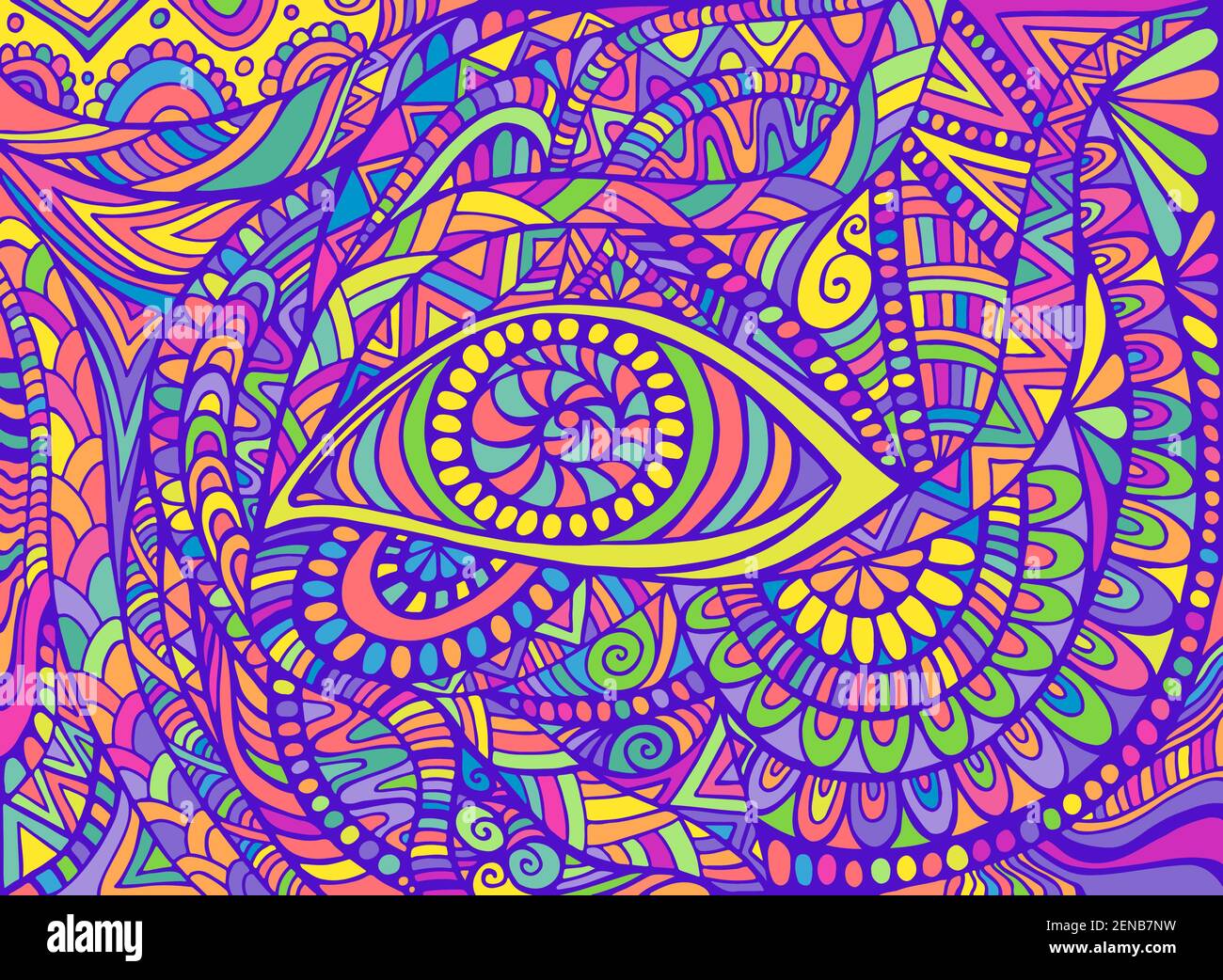 Hippie style arc-en-ciel psychédélique shamanic oeil dans les couleurs de néon, et les ornements bizarres arrière-plan fantastique. Illustration de Vecteur