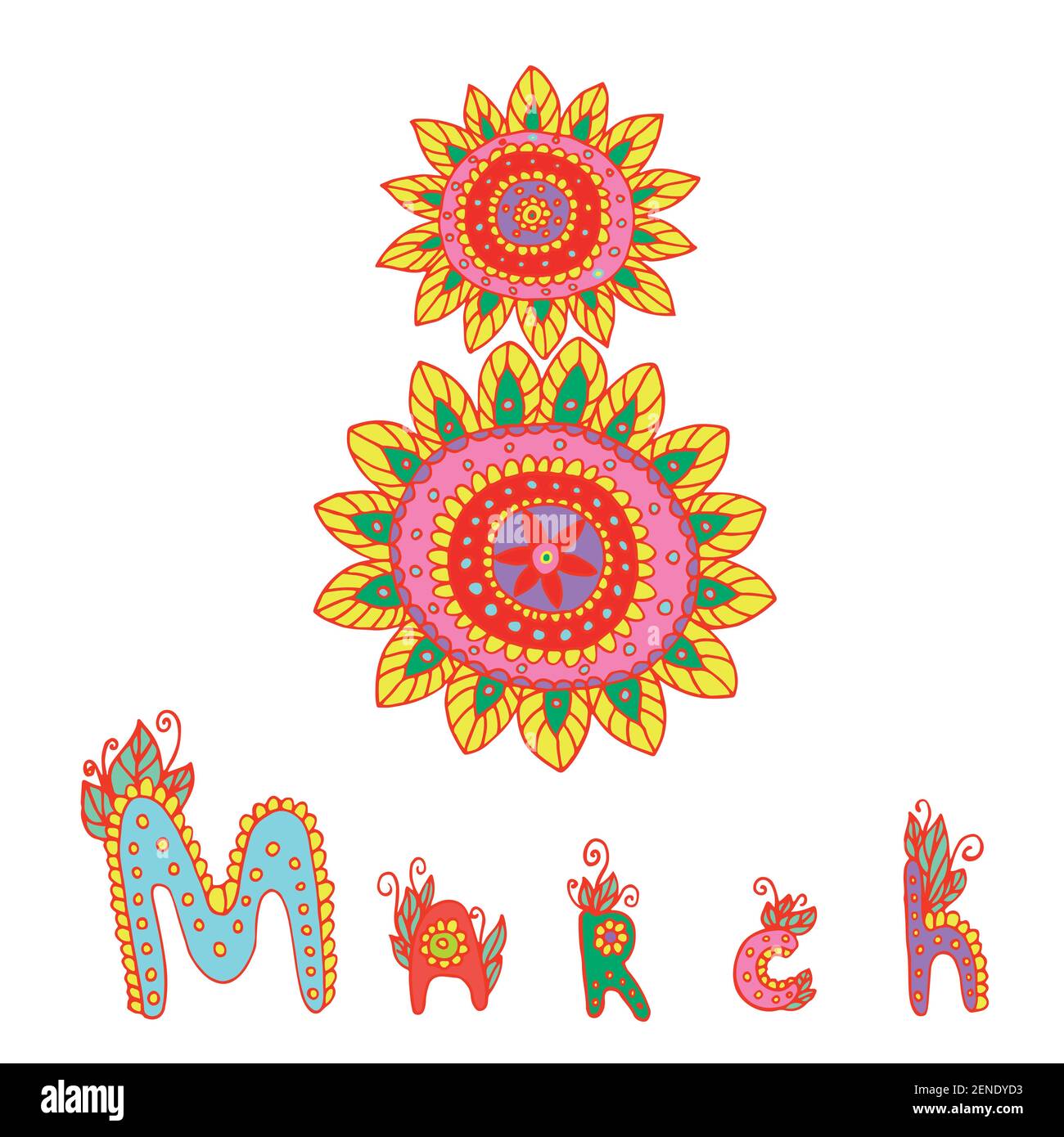 Jour 8 de mars Journée de la femme. Carte de couleur festive, style fuuny. Figure décorative huit et le nom du mois de mars dans les motifs et les couleurs, Illustration de Vecteur