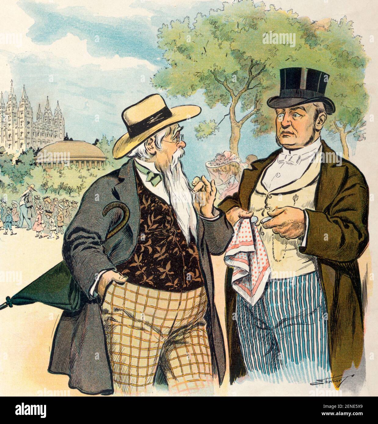 À Salt Lake City - l'illustration montre deux anciens mormon discutant d'un autre mormon qui a été reconnu coupable de bigamie - Cartoon politique, 1904 Banque D'Images