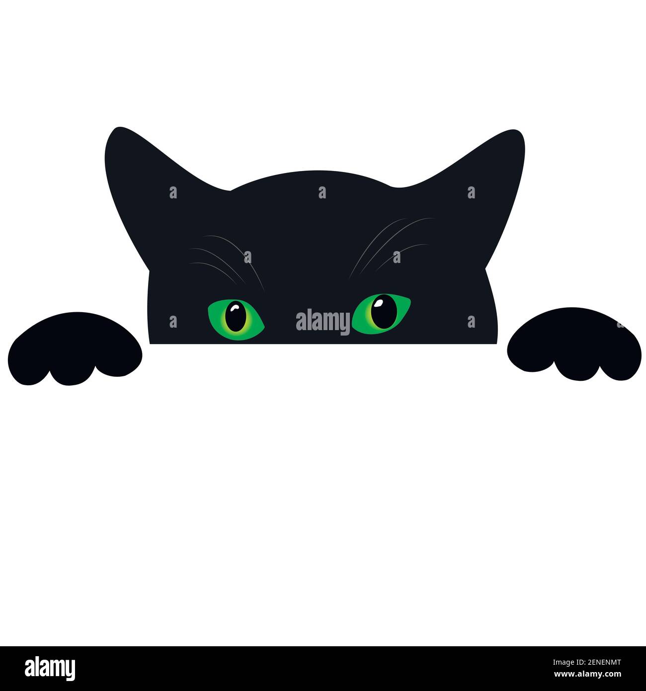 Joli visage de chat noir avec des yeux verts peekings. Arrière-plan blanc isolé. Curieux chat drôle de peaux et de peeps, modèle de conception créative. Poster vectoriel avec Illustration de Vecteur