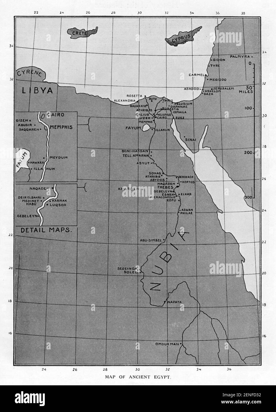 Une illustration du début du XXe siècle d'une carte de l'ancien Égypte de la côte de la mer Méditerranée dans le nord à Nubia dans le sud avec tout le principe villes Banque D'Images