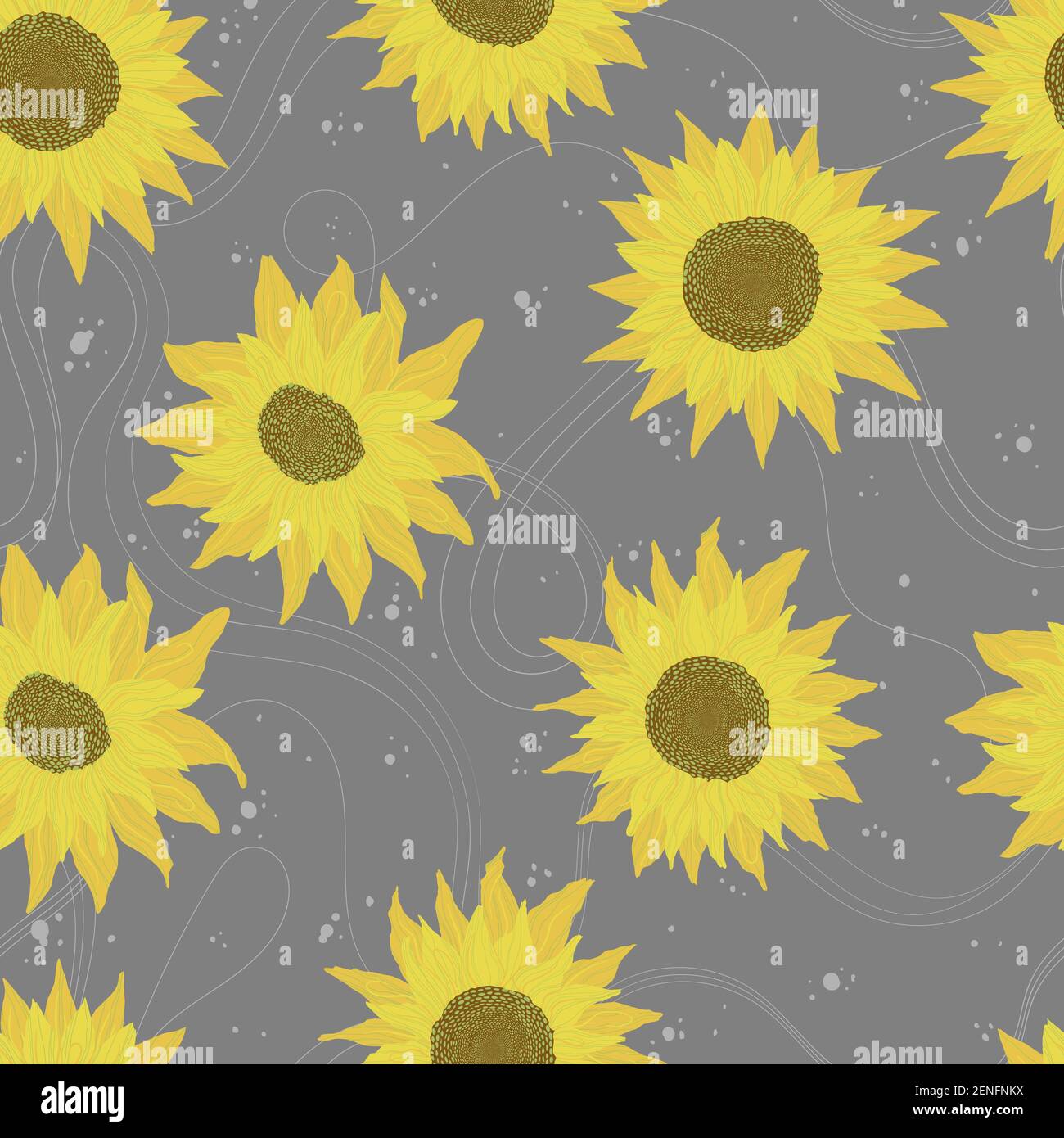 Motif sans couture avec tournesols sur fond gris. Fleurs, bourgeons et feuilles de fond Vector avec fleur jaune et motif à dessin animé plat. Illustration de Vecteur