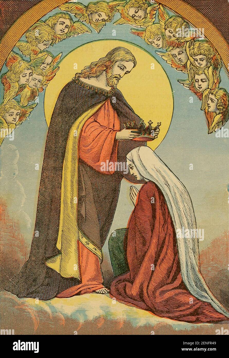 5ème mystère glorieux LE COURONNEMENT DE NOTRE DAME BÉNIE de la ' la bibliothèque catholique picturale ' contenant sept volumes en un : l'histoire de la Sainte Vierge -- la colombe du tabernacle -- l'histoire catholique -- l'apparition de la Sainte Vierge -- UN index chronologique -- Lettres pastorales de la troisième plénière. Council -- UN chapelet de versets -- hymnes catholiques publiés à New York par Murphy & McCarthy en 1887 Banque D'Images
