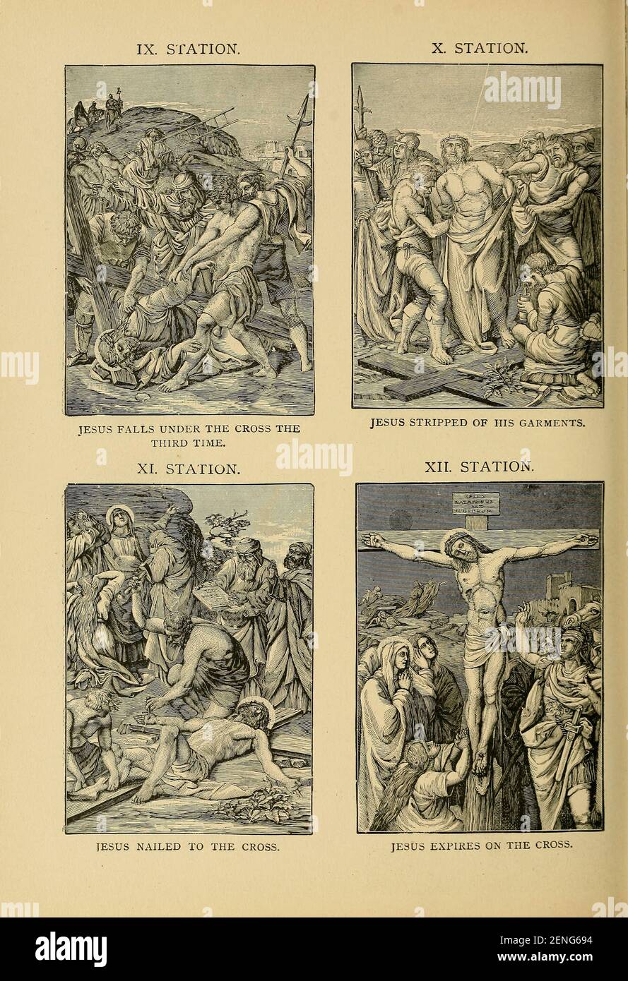 Stations de la Croix de la ' la bibliothèque catholique picturale ' contenant sept volumes en un : l'histoire de la Sainte Vierge -- la colombe du tabernacle -- l'histoire catholique -- l'apparement de la Sainte Vierge -- UN index chronologique -- les lettres pastorales de la troisième plénière. Council -- UN chapelet de versets -- hymnes catholiques publiés à New York par Murphy & McCarthy en 1887 Banque D'Images