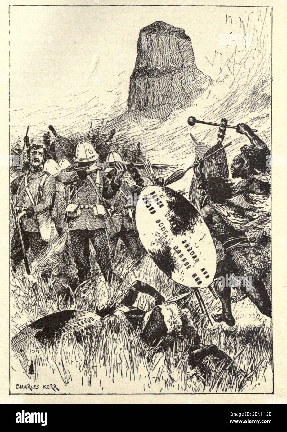 Anglo-Zulu War illustrant l'histoire ' la queue d'Isandhlwana et de Rorke's Drift ' du livre ' The true Story Book ' édité par ANDREW LANG illustré par L. BOGLE, LUCIEN DAVIS, H. J. FORD, C. H. M. KERR, et LANCELOT SPEED. Publié par Longmans, Green, and Co. London et New York en 1893 Banque D'Images