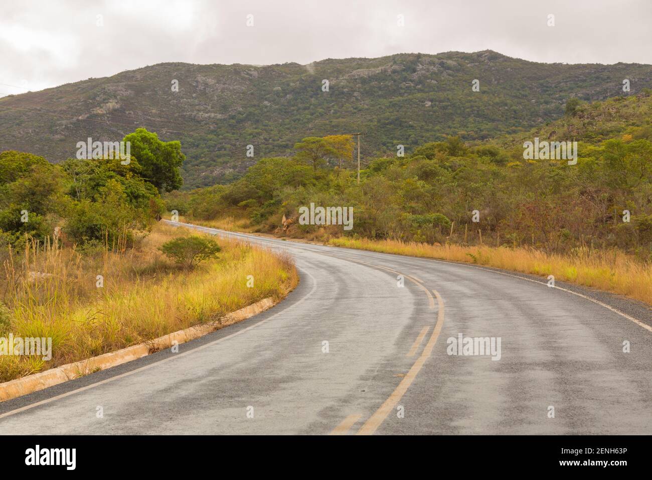 Route goudronnée humide rue après la pluie près de Grao Mogol à Minas Gerais, Brésil Banque D'Images