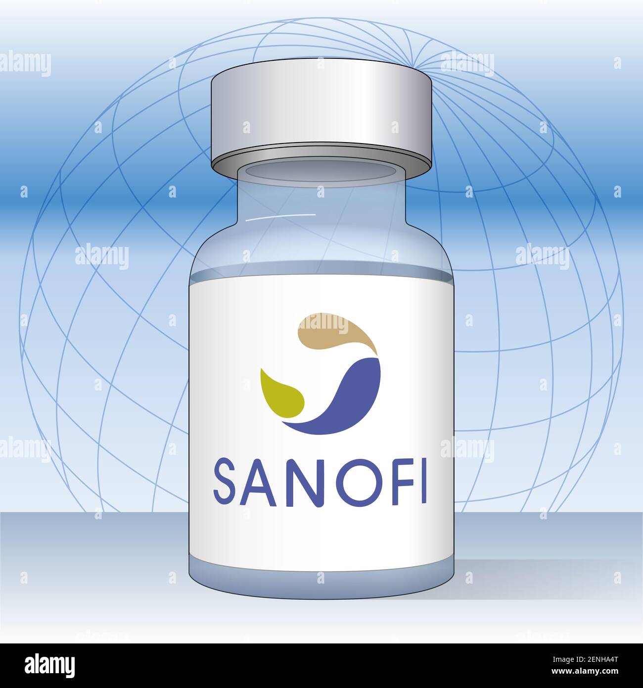 Flacon de vaccin anti Covid-19 avec étiquette Sanofi, illustration vectorielle sur le fond du design mondial Banque D'Images