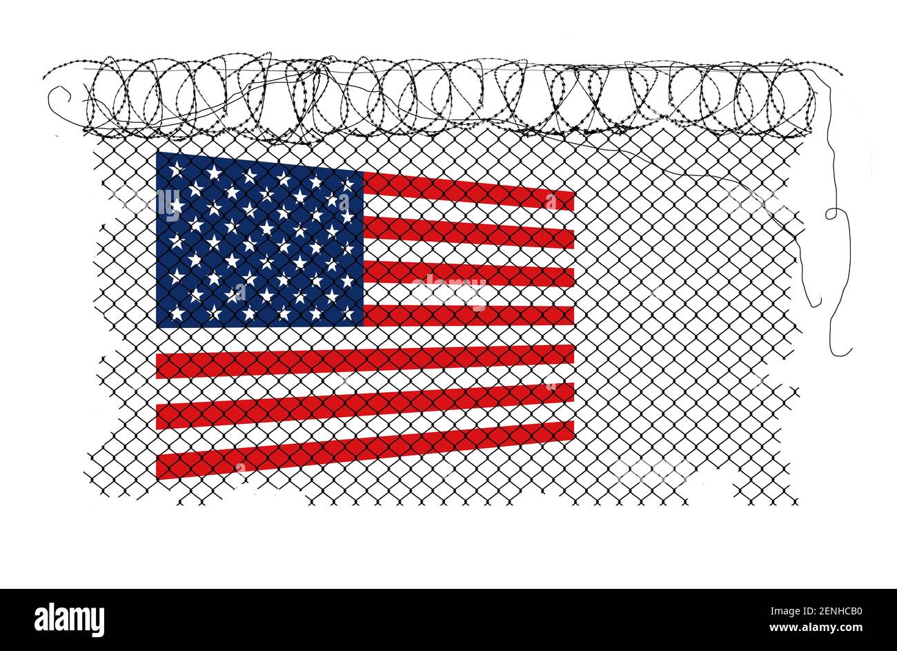 Un drapeau des États-Unis est visible derrière une barrière de fil de rasoir et de chaînette. Fait référence à la clôture construite autour du Capitole des États-Unis à Washington, DC. Banque D'Images