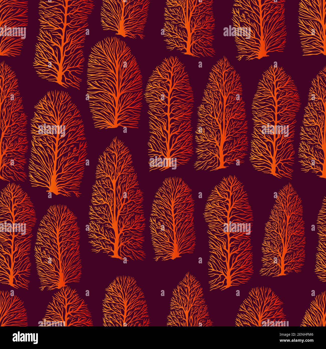 Motif vintage sans coutures avec troncs d'arbre, sans feuilles, dégradé de couleur orange-marron, isolé sur fond marron foncé. Forêt vectorielle dessinée à la main Illustration de Vecteur