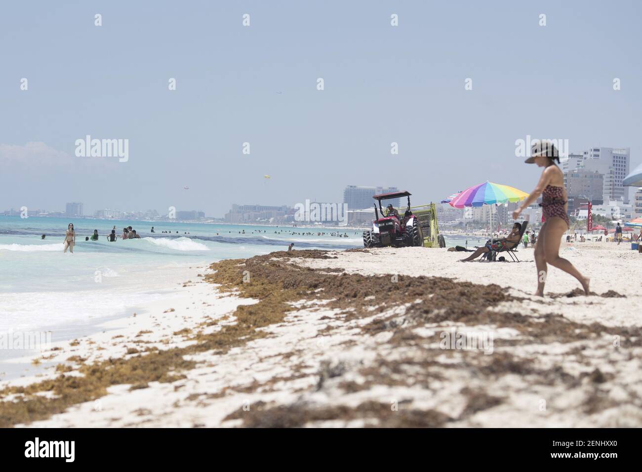 CANCUN, MEXIQUE AOÛT 24 Touristes sont vus sur la plage contaminée par le sargassum, un