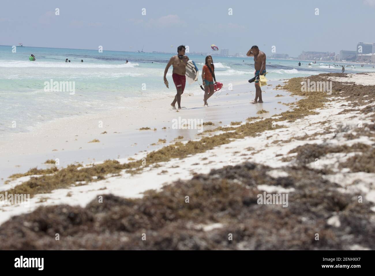 CANCUN, MEXIQUE AOÛT 24 Touristes sont vus sur la plage contaminée par le sargassum, un