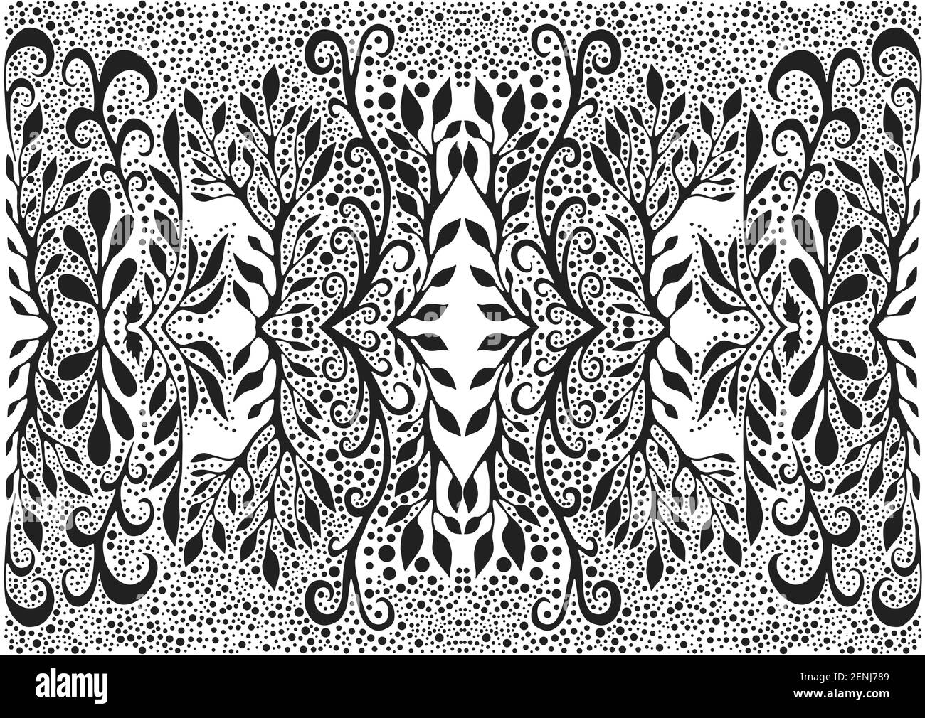 Feuillage noir et blanc trippy fractal sur fond de mandala. Motif fleuri décoratif fantaisie. Illustration surréaliste chamanique vectorisée à la main. Illustration de Vecteur