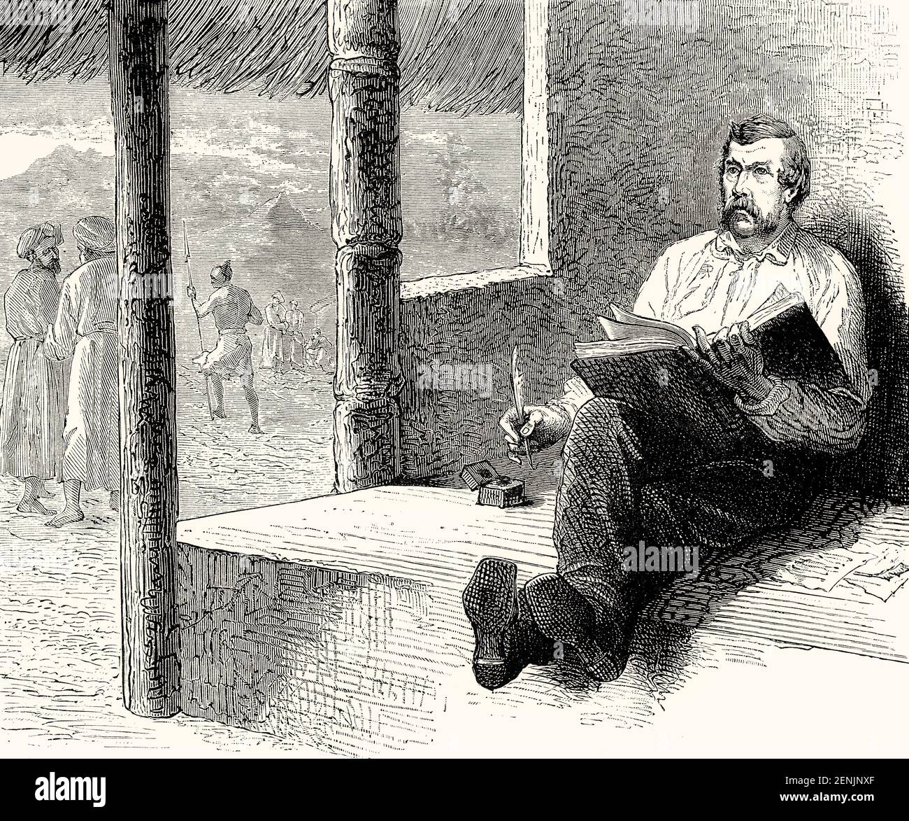 David Livingstone écrit dans son journal, Ujiji, Tanzanie, 1813 - 1873, un missionnaire écossais et explorateur en Afrique Banque D'Images