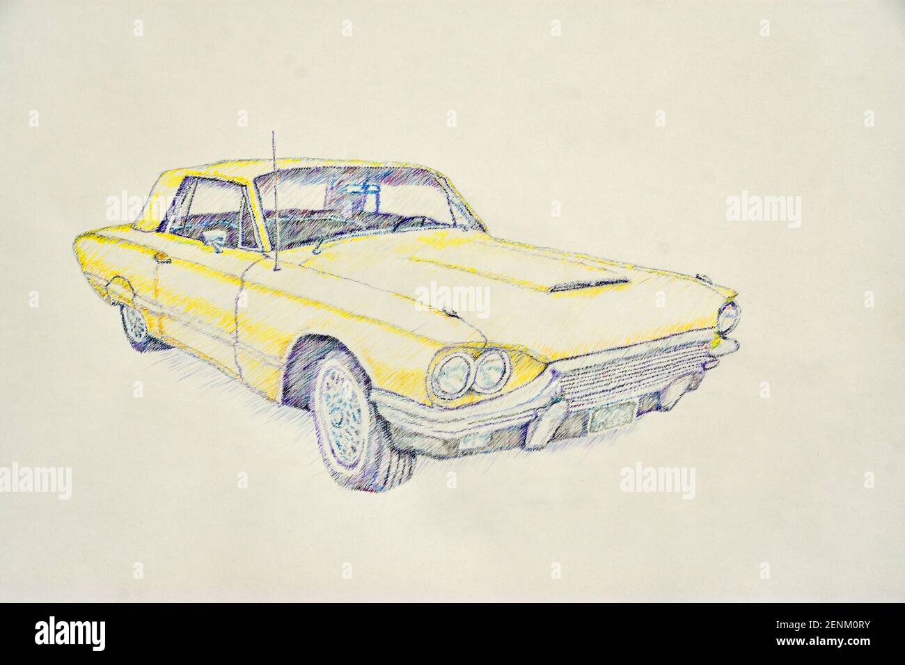 Dessin au crayon de voiture américaine Thunderbird jaune classique sur fond blanc. Banque D'Images