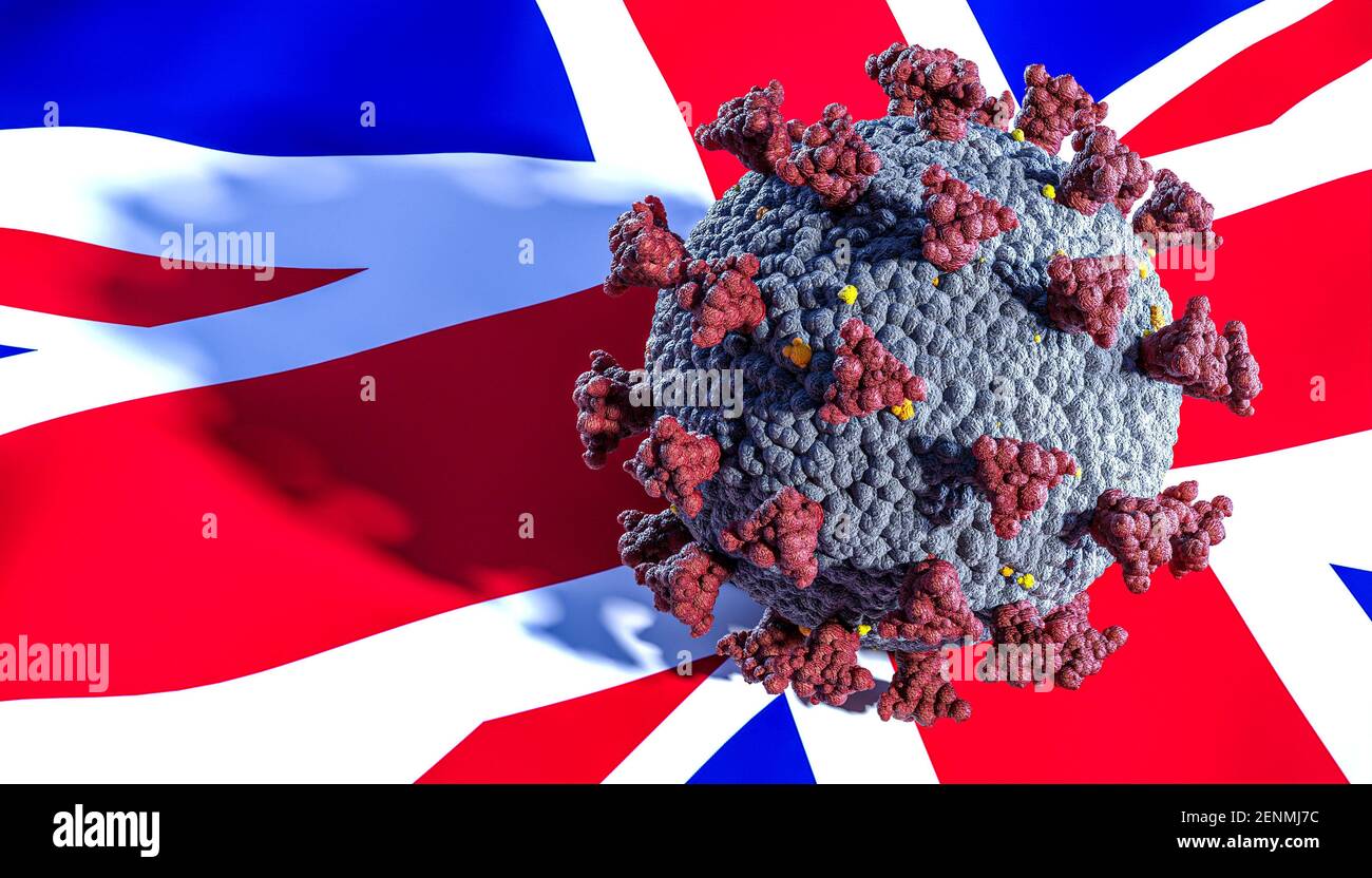 Variante anglaise du coronavirus covid-19 virus. rendu 3d du drapeau britannique. Banque D'Images