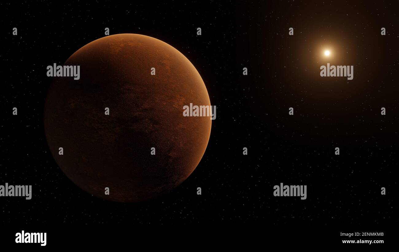 Scène spatiale avec une planète rouge et une grande étoile. Rendu 3D Banque D'Images