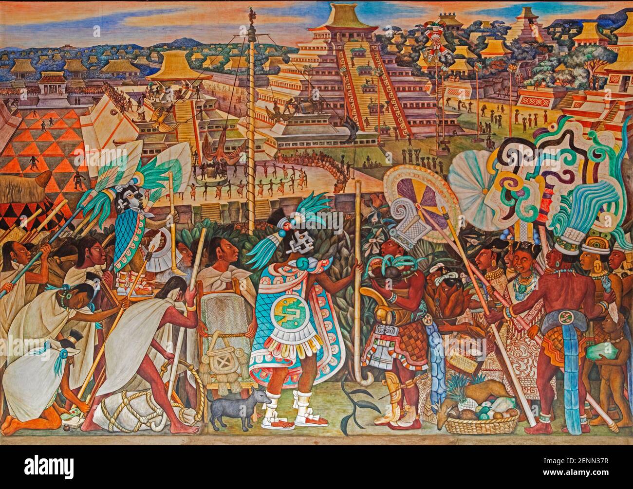 Murale Diego Rivera montrant les célébrations et les cérémonies de Totonaca au Palais national / Palacio Nacional, la résidence du président à Mexico Banque D'Images
