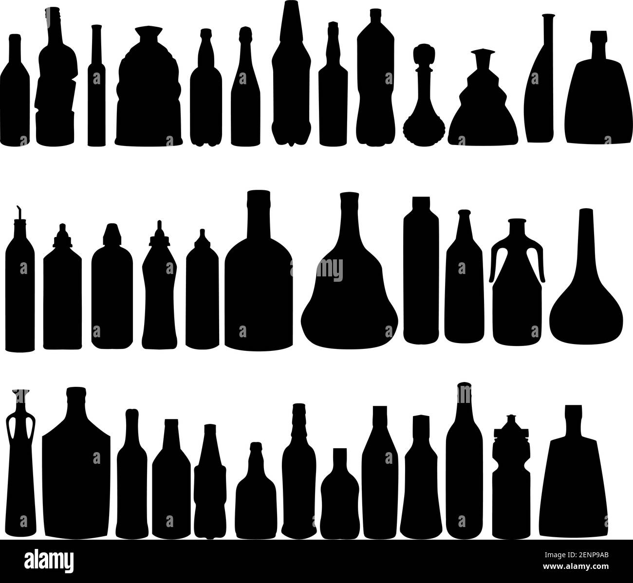 Bouteilles d'alcool vectorielles silhouettes. Ensemble d'icônes de silhouettes noires. Illustration de Vecteur