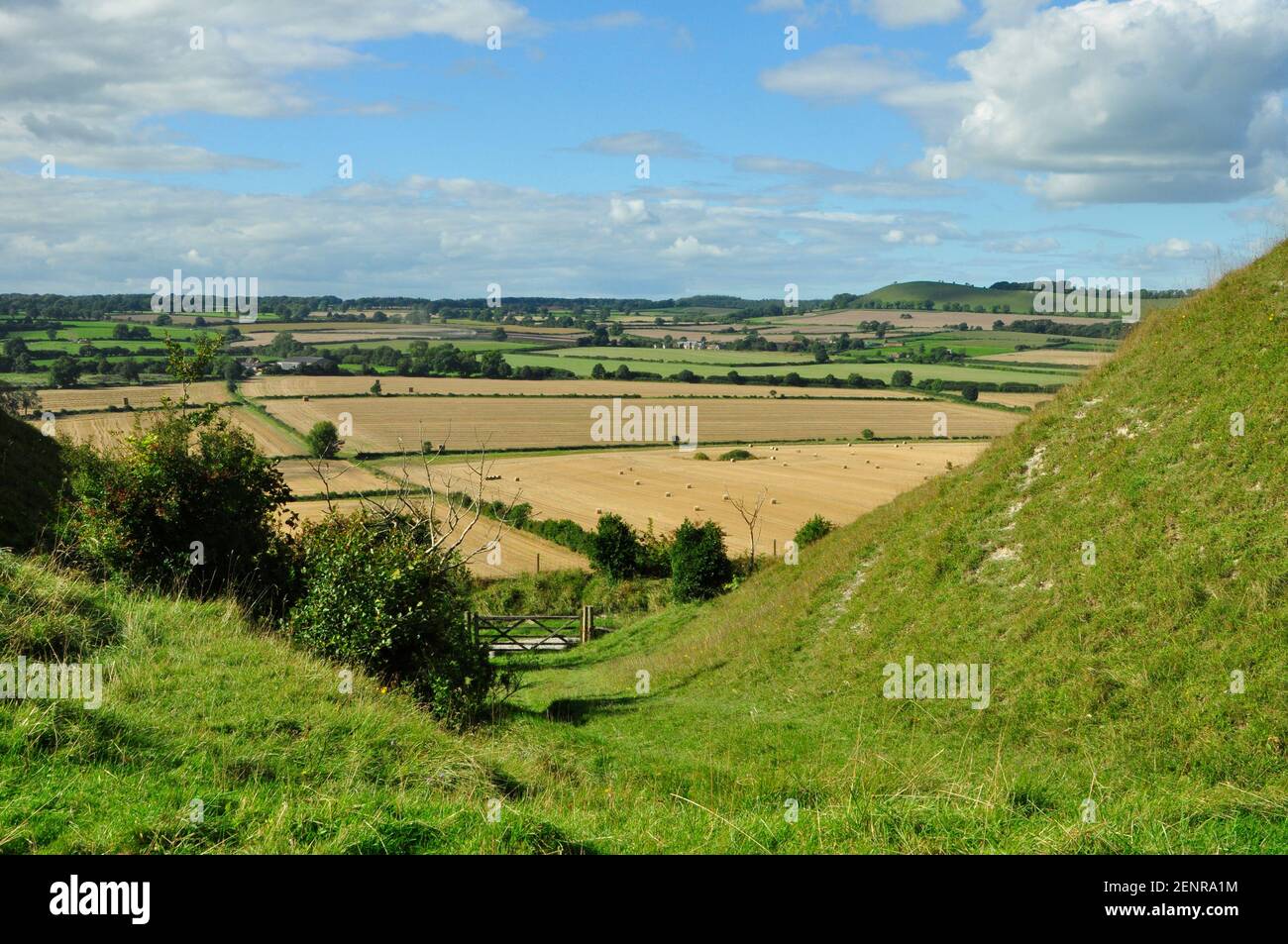 Une vue ensoleillée de White Sheet Hill à travers les champs de damier en direction de long Knoll sur la ligne d'horizon près de la frontière Somerset. Stourton. Wiltshire Banque D'Images