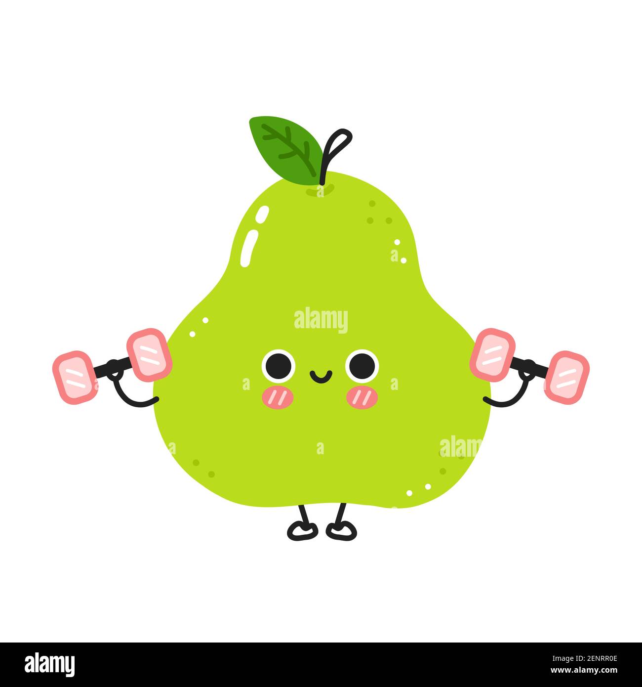 Mignon drôle poire verte faire la salle de gym avec des haltères. Icône d'illustration de personnage de dessin animé kawaii à lignes planes vectorielles. Isolé sur fond blanc. Concept de personnage d'entraînement de fruit de poire Illustration de Vecteur