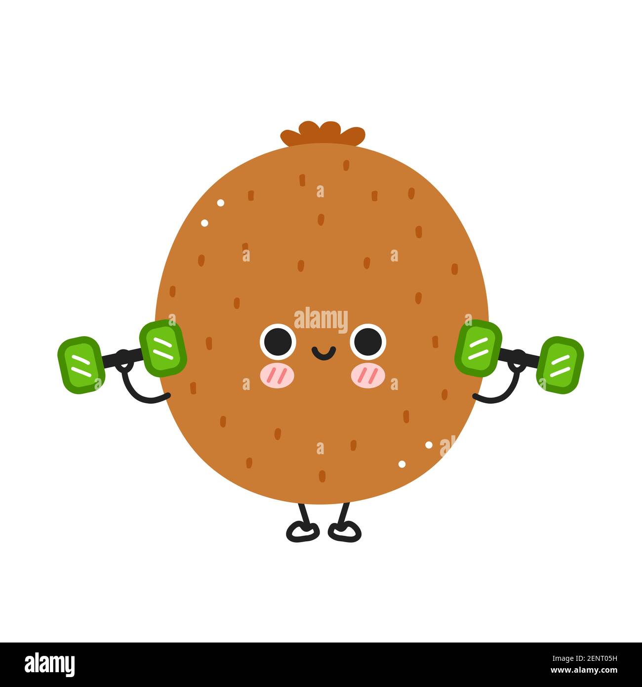 Mignon kiwi drôle faire la salle de gym avec des haltères. Icône d'illustration de personnage de dessin animé kawaii à lignes planes vectorielles. Isolé sur fond blanc. Concept de personnage d'entraînement aux fruits kiwi Illustration de Vecteur