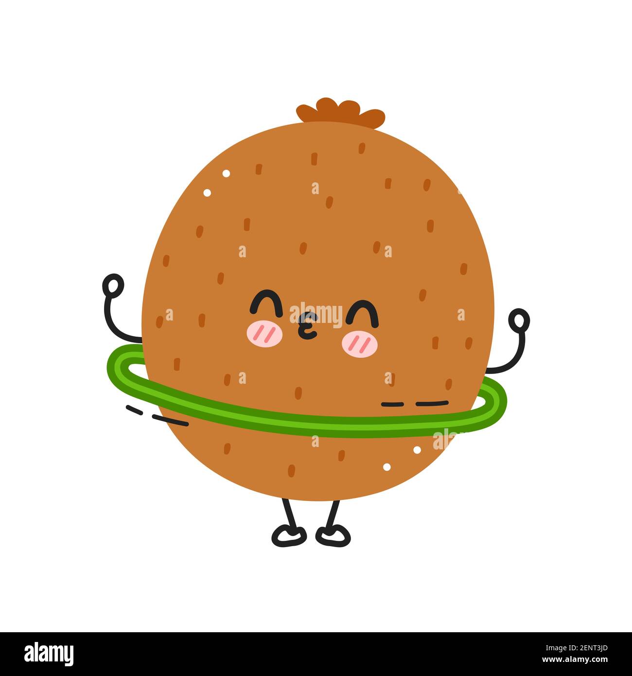 Mignon kiwi drôle faire la salle de gym avec hula Hoop. Icône d'illustration de personnage de dessin animé kawaii à lignes planes vectorielles. Isolé sur fond blanc. Concept de personnage d'entraînement aux fruits kiwi Illustration de Vecteur