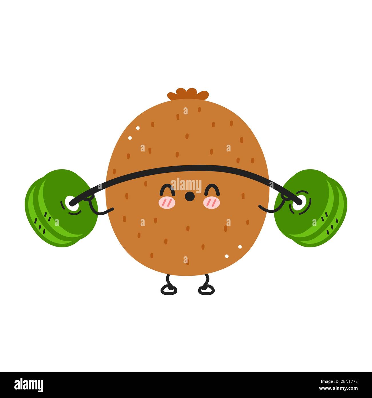 Mignon kiwi drôle faire la salle de gym avec barbell. Icône d'illustration de personnage de dessin animé kawaii à lignes planes vectorielles. Isolé sur fond blanc. Concept de personnage d'entraînement aux fruits kiwi Illustration de Vecteur