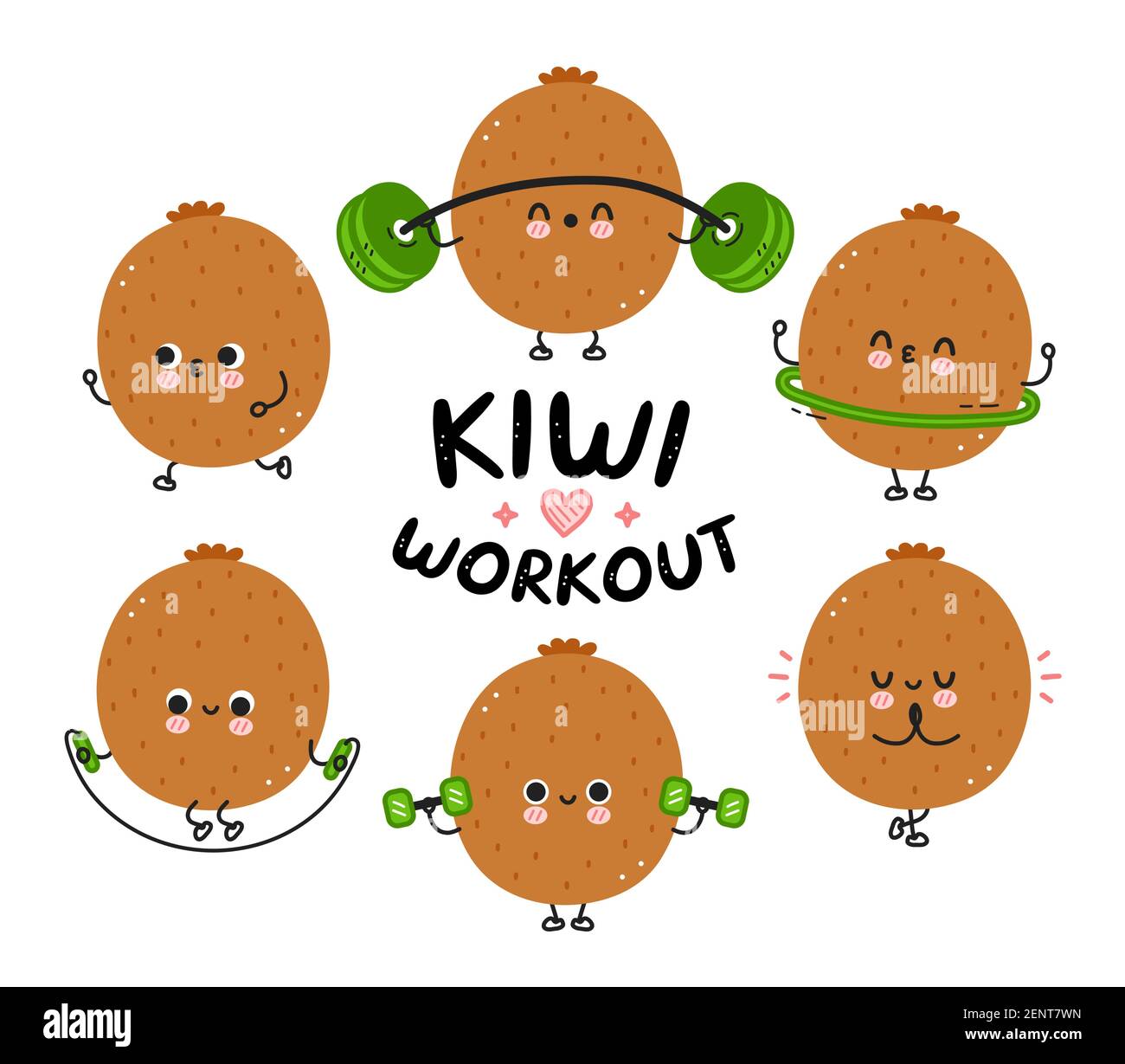 Ensemble de salle de sport mignon drôle kiwi faire collection. Icône d'illustration de personnage de dessin animé kawaii à lignes planes vectorielles. Isolé sur fond blanc. Concept de jeu de personnages kiwi fruit d'entraînement Illustration de Vecteur