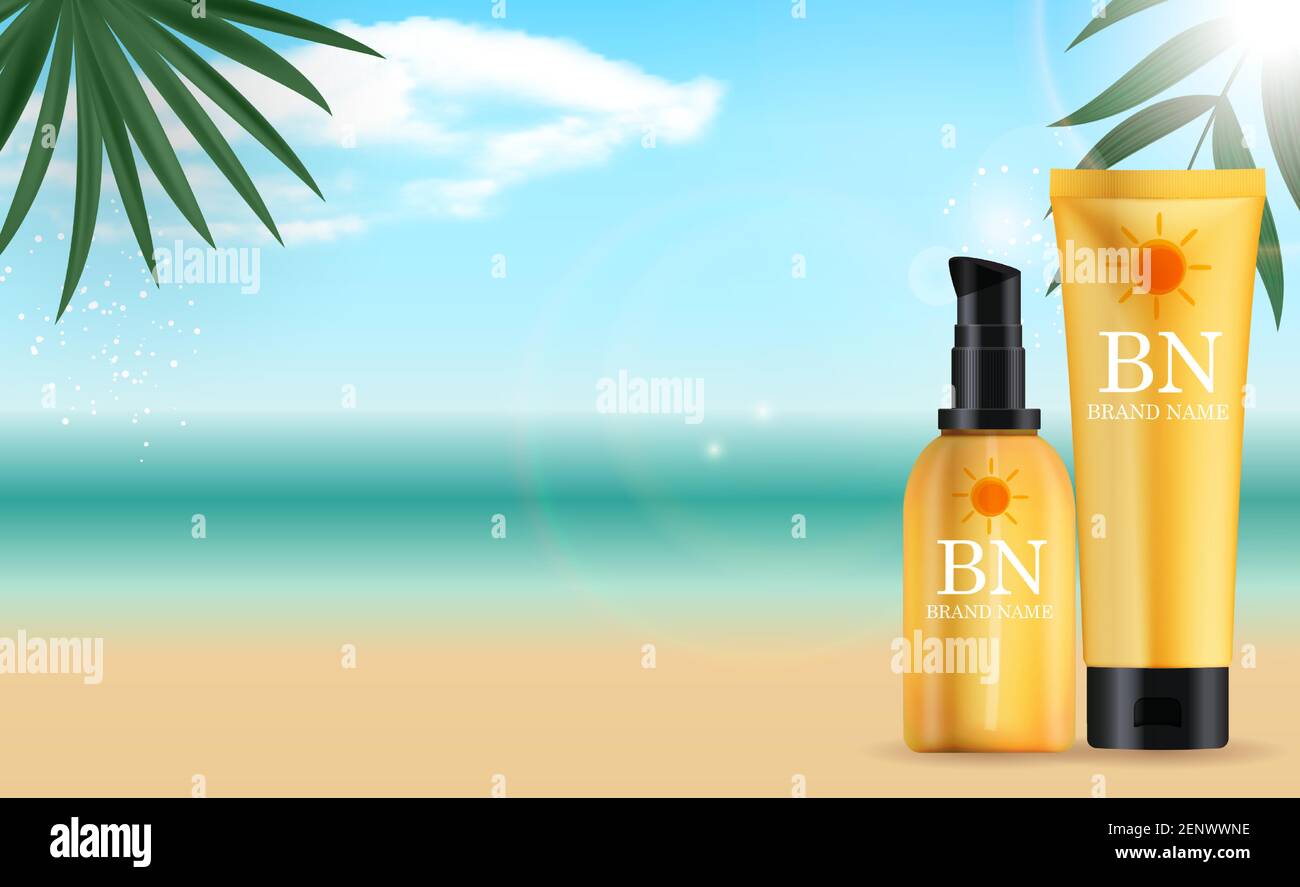 3D réaliste soleil protection crème ensemble de bouteille sur fond de mer d'été avec feuilles de palmier. Modèle de conception des produits cosmétiques de mode. Vecteur illustré Illustration de Vecteur