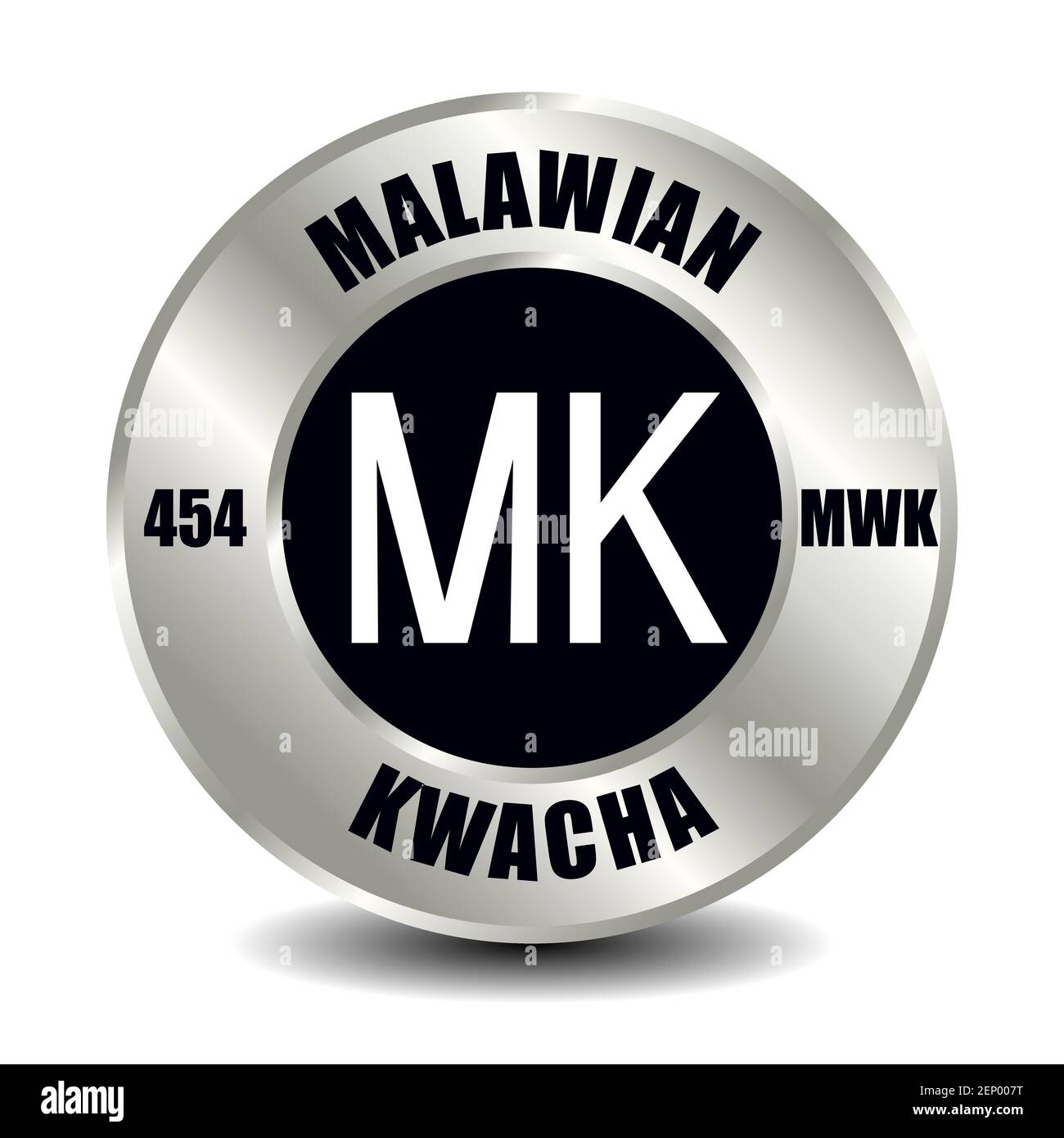 Icône de l'argent du Malawi isolée sur une pièce de monnaie ronde en argent. Symbole vectoriel de devise avec code ISO international et abréviation Illustration de Vecteur