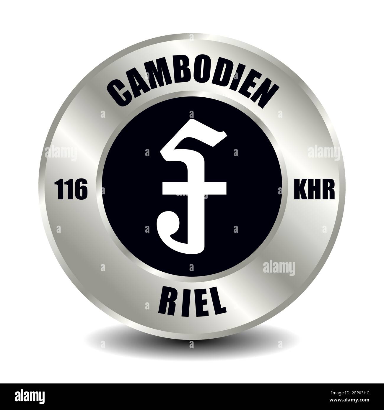 Icône argent Cambodge isolée sur pièce en argent ronde. Symbole vectoriel de devise avec code ISO international et abréviation Illustration de Vecteur