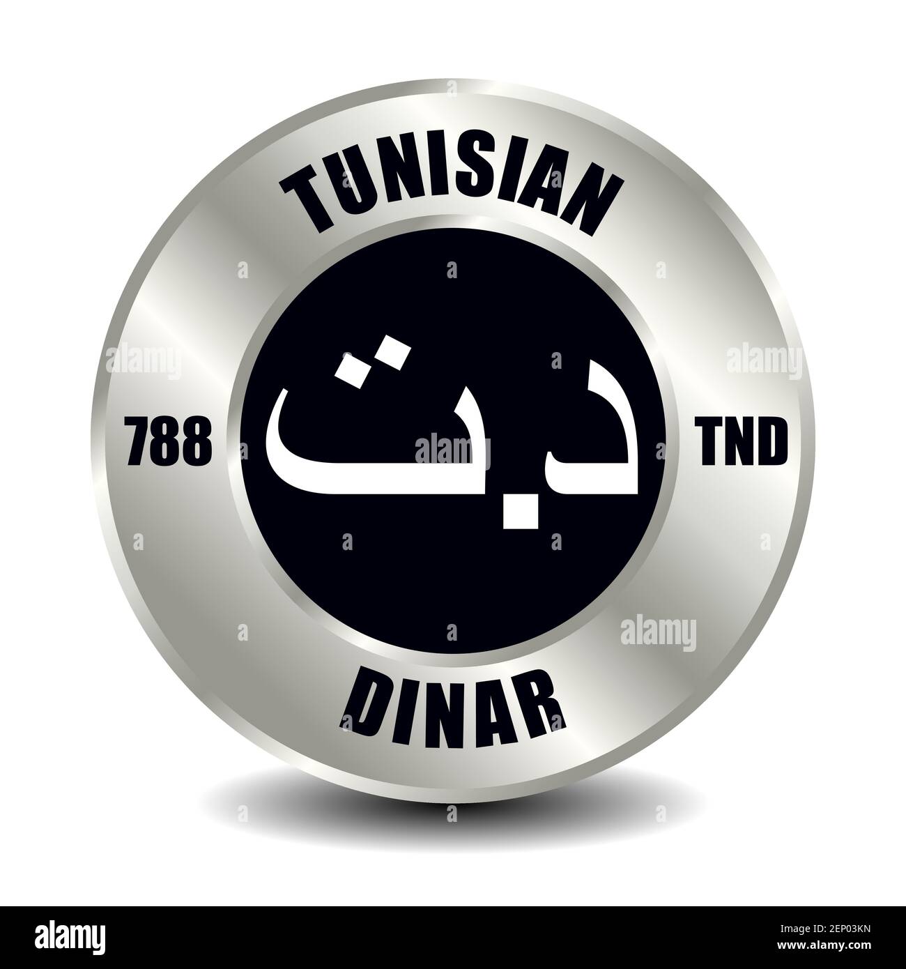 Icône argent Tunisie isolée sur une pièce de monnaie ronde en argent. Symbole vectoriel de devise avec code ISO international et abréviation Illustration de Vecteur