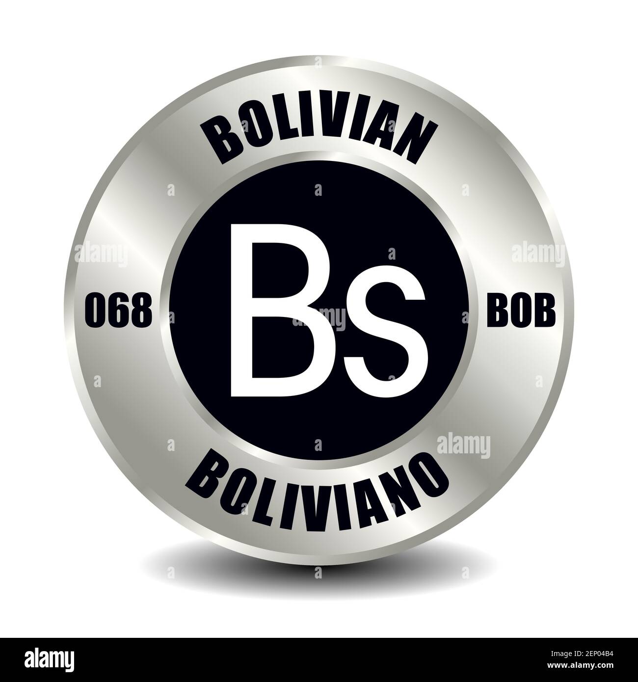 Bolivie argent icône isolé sur pièce ronde argent. Symbole vectoriel de devise avec code ISO international et abréviation Illustration de Vecteur