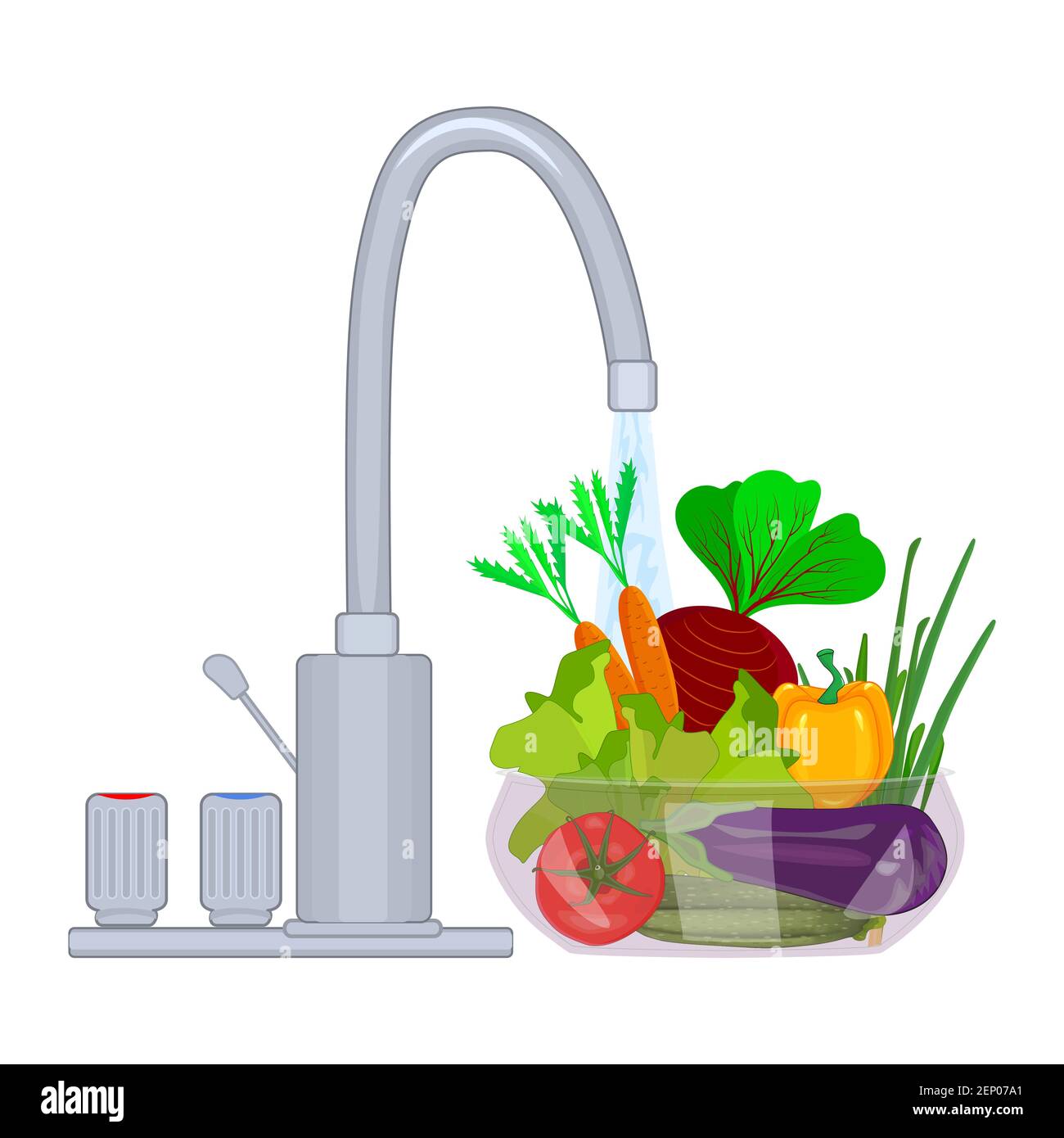 Lavage des légumes. Bol de légumes sous l'eau courante isolée sur blanc. Concept de nourriture propre. Lavez les aliments crus avant la cuisson. Illustration vectorielle Illustration de Vecteur