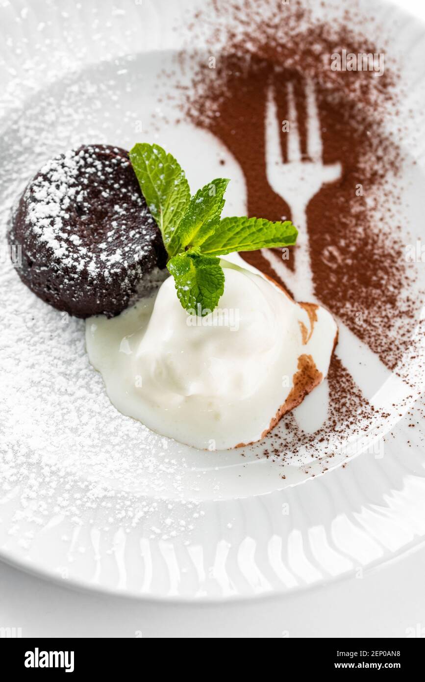 fondue au chocolat et glace à la vanille Banque D'Images