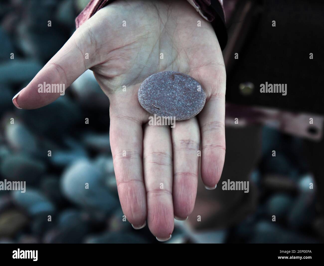 Galets de mer sur la paume avec des lignes Banque D'Images