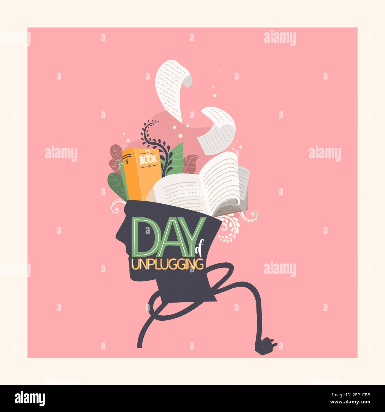 Journée de désengorgement. Lettrage et illustracion. Tête humaine avec livres à l'intérieur. Amoureux du livre, connaissance et concept d'éducation. Détox numérique. Vecteur Illustration de Vecteur