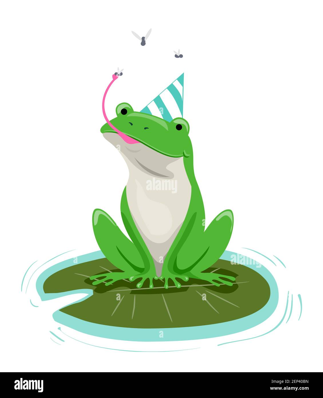 Illustration D Une Grenouille Assise Sur Un Coussin De Nenuphars Accrocheuse A Une Insecte Et Portant Un Chapeau D Anniversaire Photo Stock Alamy