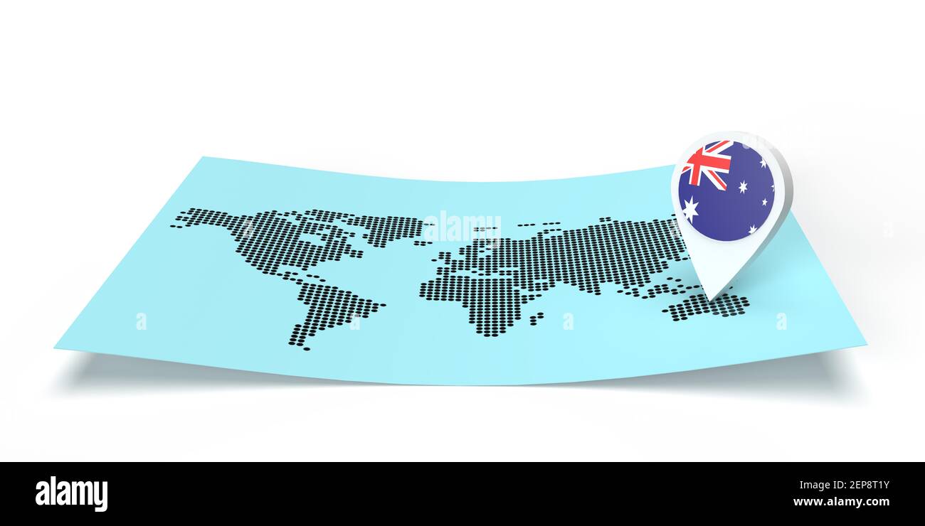 Le localisateur de carte de pays de rendu 3D pointe vers la destination mondiale sur la carte du monde plat. Le symbole porte le drapeau australien. Illustration isolée avec espace de copie Banque D'Images