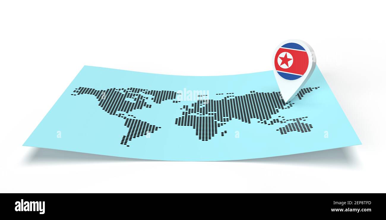 Localisateur de carte de pays en rendu 3D pointant vers une destination globale. Carte du monde plat. Symbole porte le drapeau DE LA CORÉE DU NORD. Illustration isolée avec espace de copie Banque D'Images