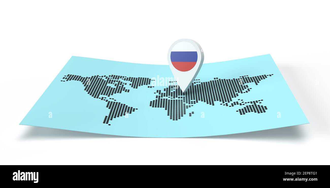 Localisateur de carte de pays en rendu 3D pointant sur une destination mondiale sur une carte du monde plat. Symbole porte le drapeau DE LA RUSSIE. Illustration isolée avec espace de copie Banque D'Images