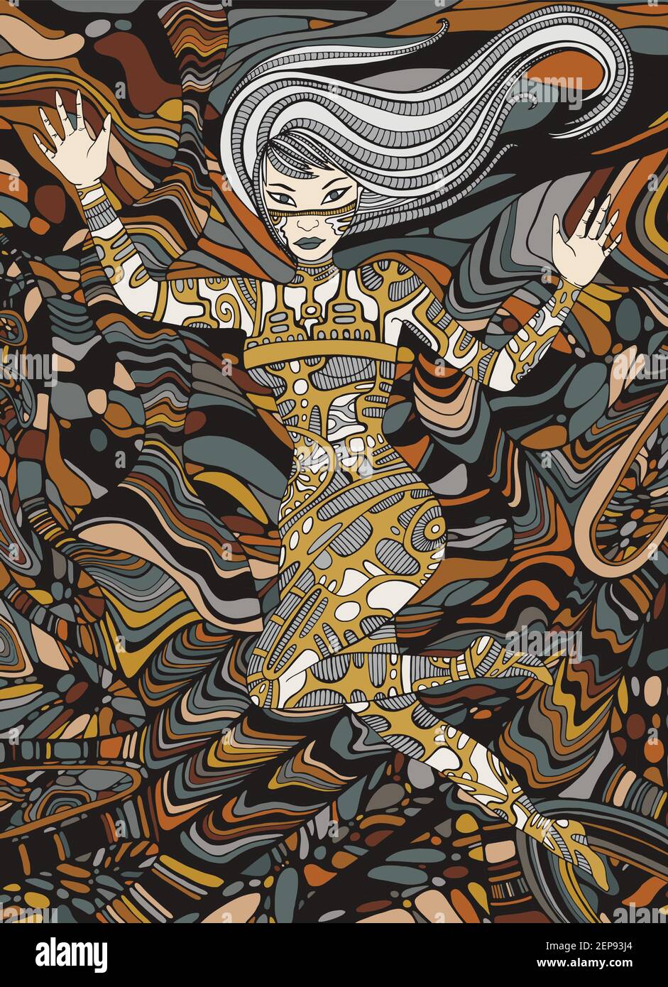 Steampunk girl art surréaliste fantastique dandle style femme. Illustration fantaisie vectorisée à la main rouille couleurs métalliques. Illustration de Vecteur