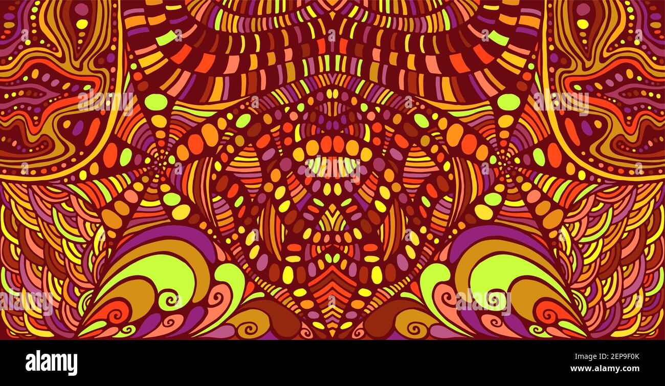Miroir psychédélique chamanique complexe avec labyrinthe coloré de nombreuses ornements. Texture fantaisie abstraite mystique. Origine ethnique tribale chamanique. C Illustration de Vecteur