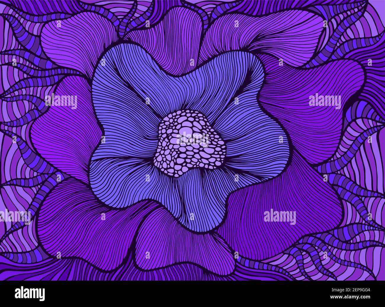 Incroyable fleur fantasy colorée en fleurs, violet nuances de couleur. Carte bohémienne élégante. Illustration vectorielle dessinée à la main avec des fleurs fantastiques. Doodle St Illustration de Vecteur
