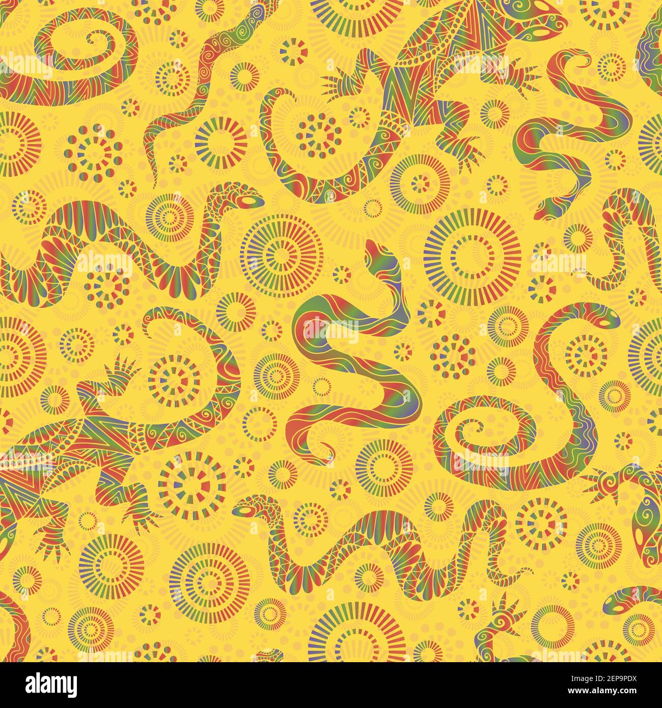 Motif coloré décoratif de lézard et de serpents sans couture, isolé sur fond jaune. Texture ethnique tribale des animaux ornementaux. Vecteur tracé à la main illu Illustration de Vecteur