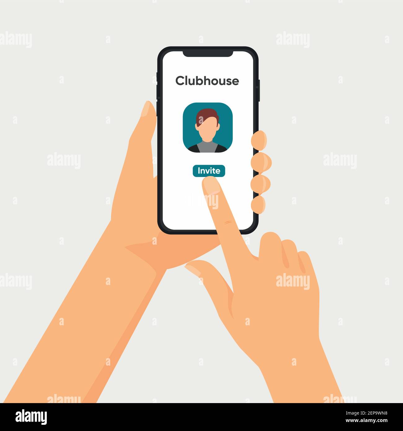 Smartphone entre vos mains. Envoi d'une invitation à l'application Clubhouse. Illustration de Vecteur