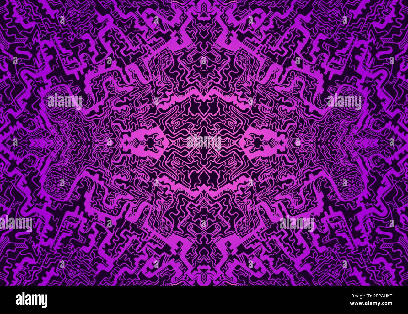 Tryppi psychédélique vintage, motif fractal coloré. Dégradé de couleurs magenta et violet foncé. Mandala abstrait surréaliste décoratif avec labyrinthe d'ornement s. Illustration de Vecteur