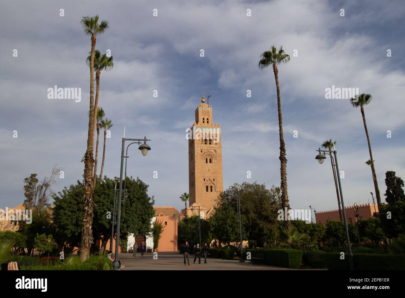 MARRAKECH, MAROC - 17 NOVEMBRE ; 2018 palmiers à la mosquée de la Koutoubia avec un ciel bleu clair Banque D'Images