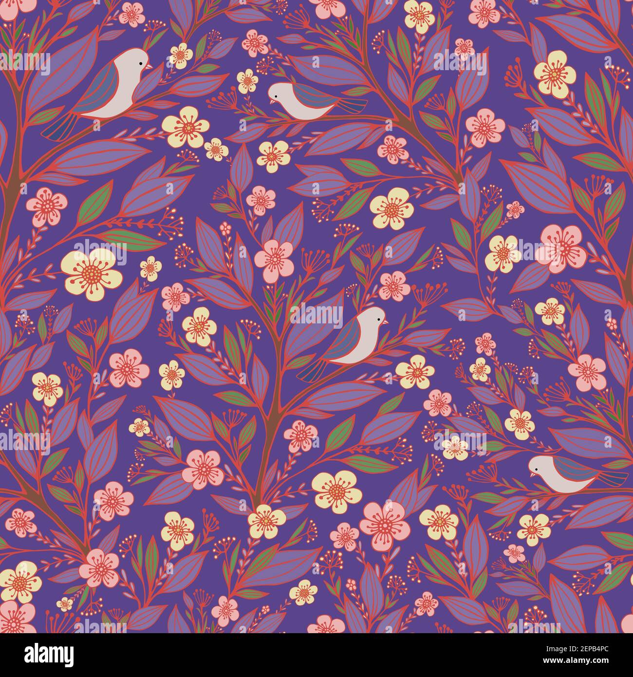 Les oiseaux s'assoient sur des branches de la forêt de fleurs sans couture, sur fond violet isolé. Style Doodle. Vector dessiné à la main fantaisie décoratif illust Illustration de Vecteur